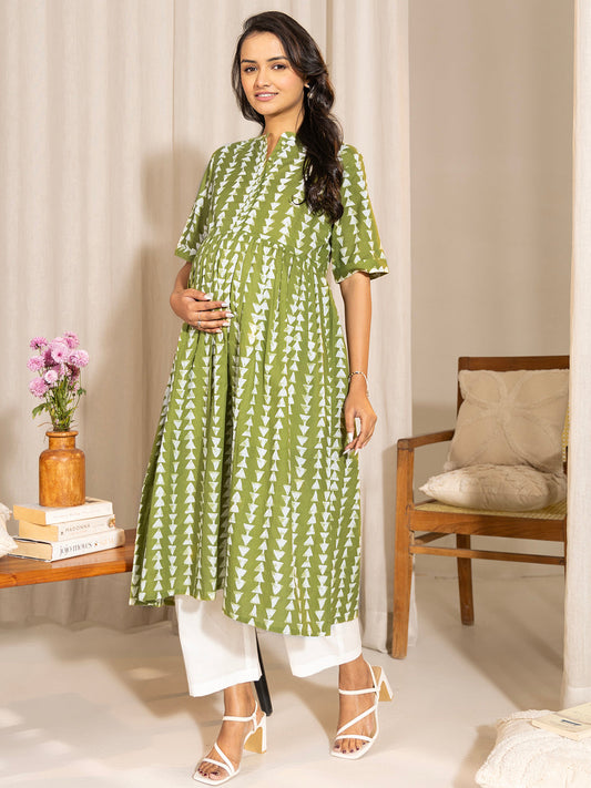 Janasya Green Cotton Block Printed Casual Maternity Kurta