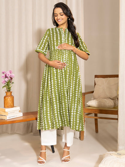Janasya Green Cotton Block Printed Casual Maternity Kurta