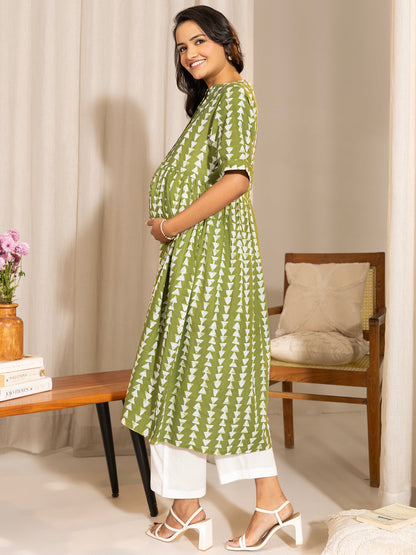 Janasya Green Cotton Block Printed Casual Maternity Kurta