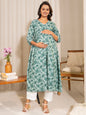 Janasya Sage Green Cotton Floral Printed Casual Maternity Kurta