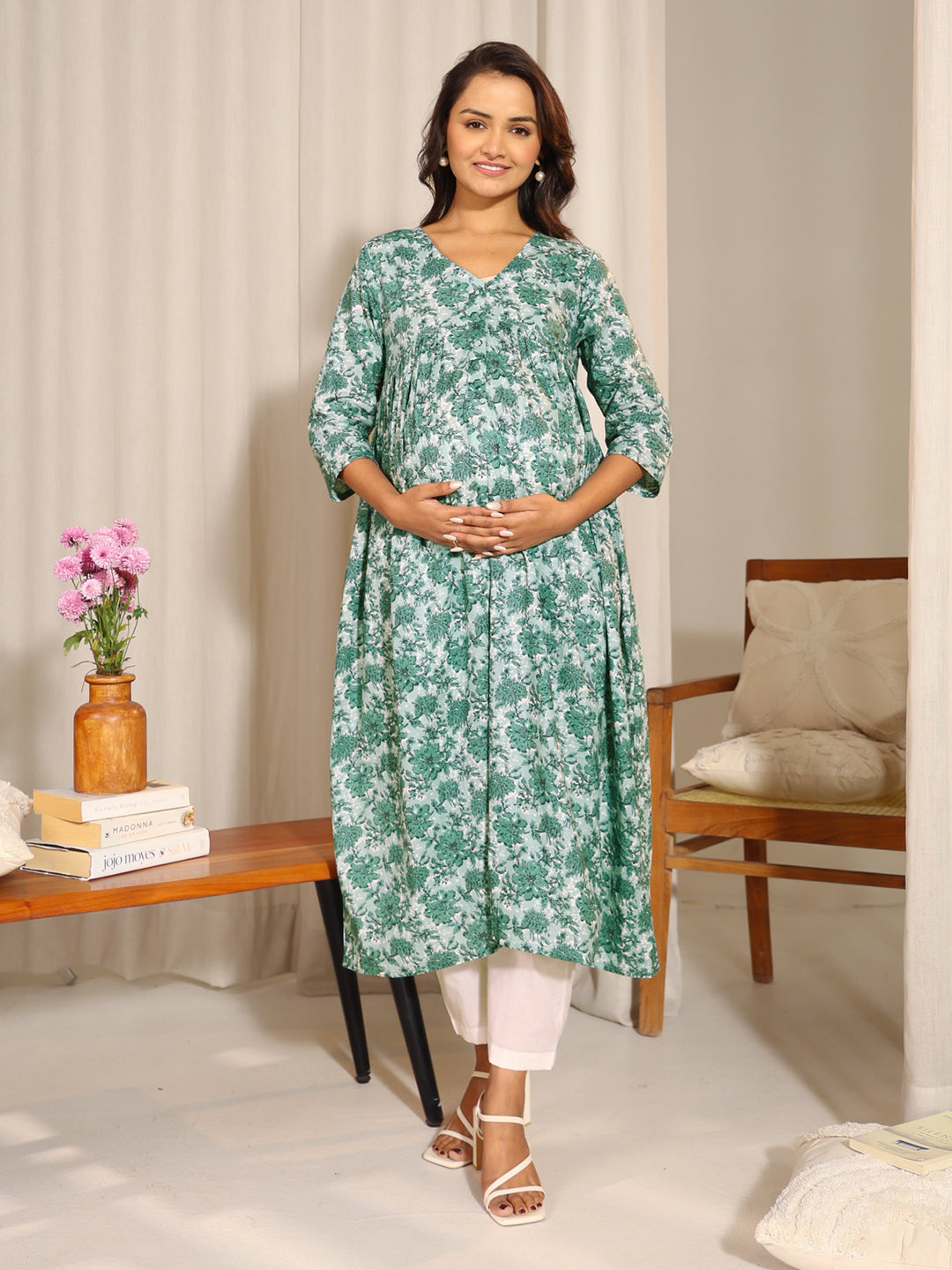 Janasya Sage Green Cotton Floral Printed Casual Maternity Kurta