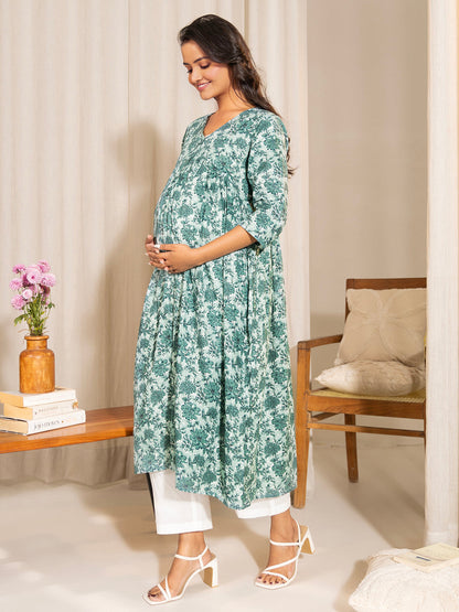 Janasya Sage Green Cotton Floral Printed Casual Maternity Kurta
