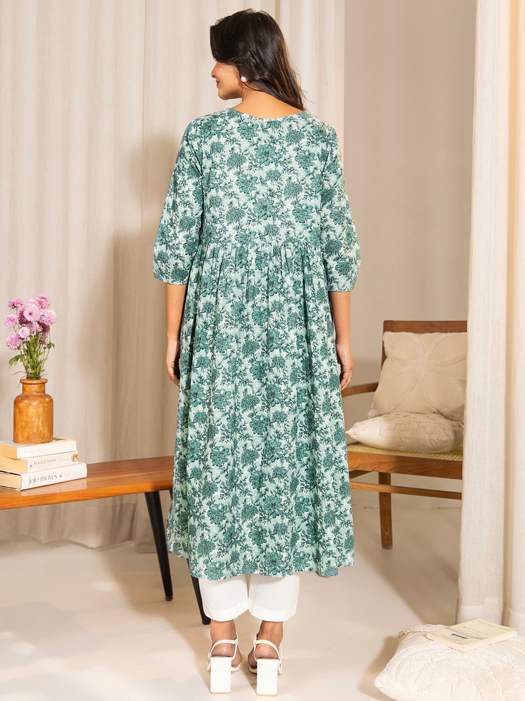 Janasya Sage Green Cotton Floral Printed Casual Maternity Kurta