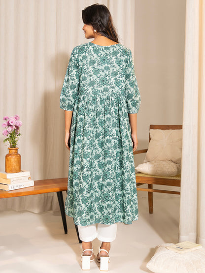 Janasya Sage Green Cotton Floral Printed Casual Maternity Kurta