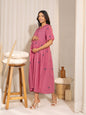 Janasya Pink Cotton Geometric Gathered Dress