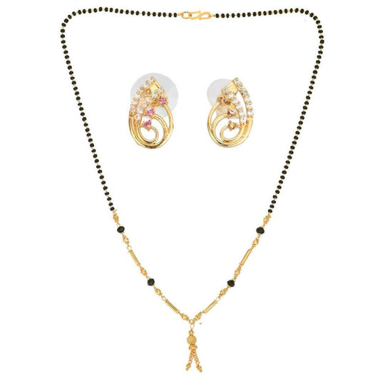 AanyaCentric Gold-Polished Short Mangalsutra Set with Earrings