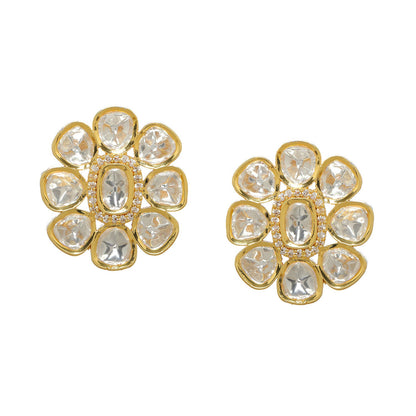Oversized Round Kundan Studs (Gold) - Ruby Raang