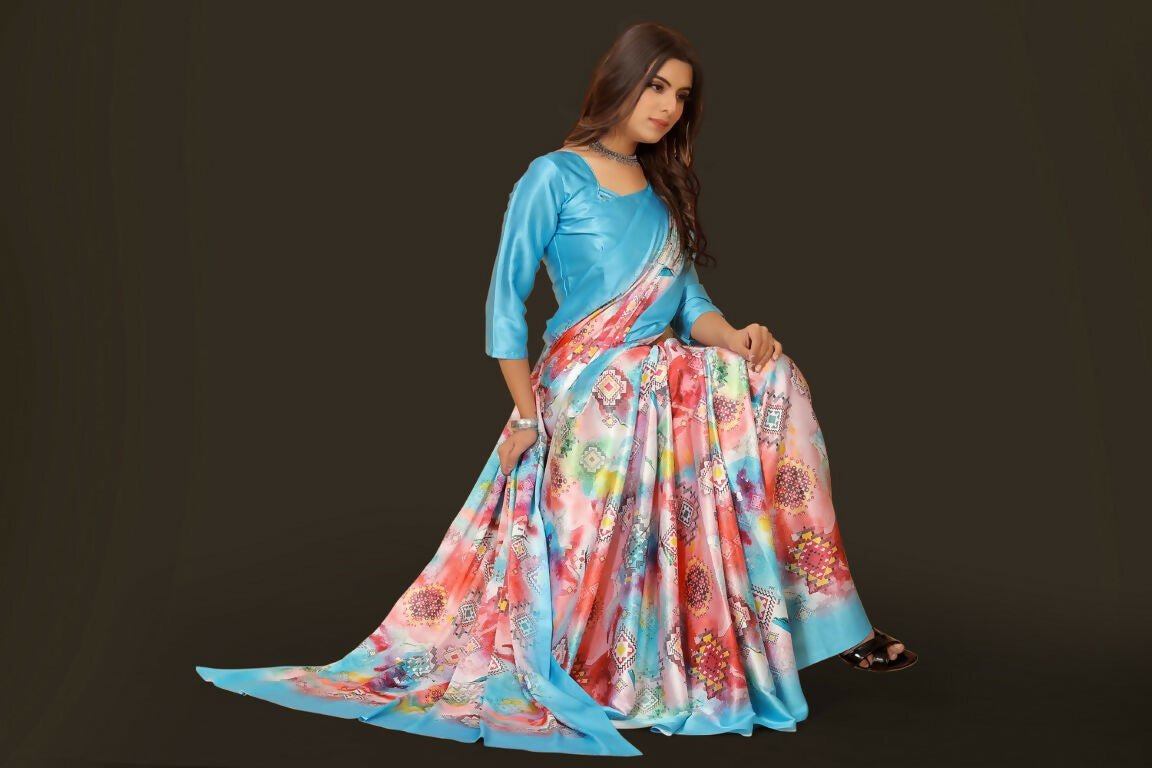 Aayaa Designer Printed Satin Saree - Multi Color