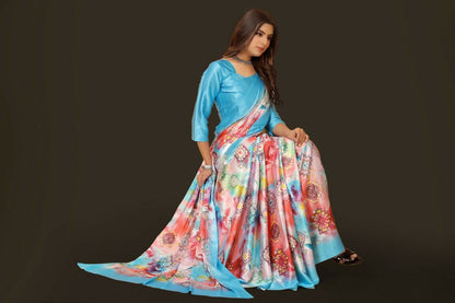 Aayaa Designer Printed Satin Saree - Multi Color