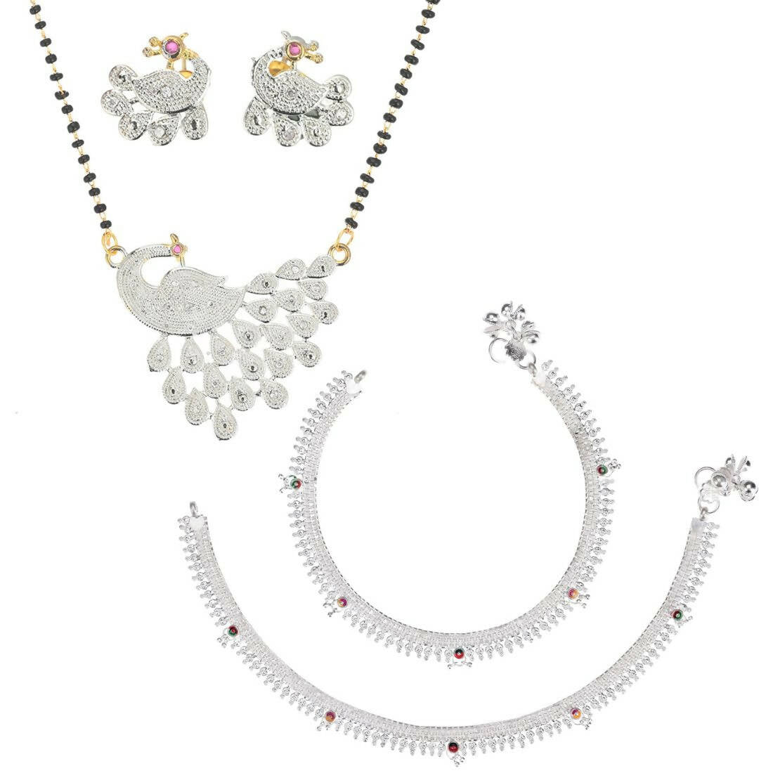 AanyaCentric Gold-Polished Mangalsutra Pendant Earring Set & Silver Plated Anklet