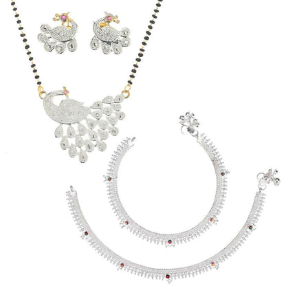 AanyaCentric Gold-Polished Mangalsutra Pendant Earring Set & Silver Plated Anklet