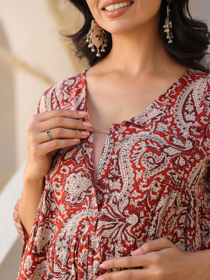 Janasya Dark Cotton Paisley A-Line Top & Bottom Set