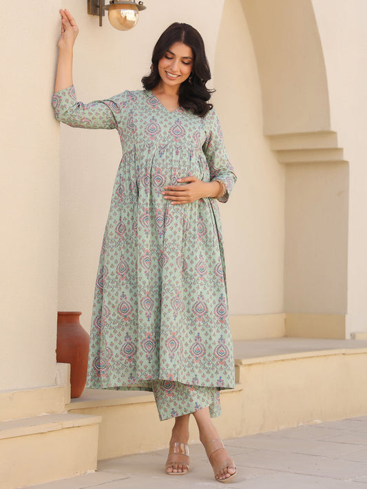 Janasya Light Cotton Floral A-Line Top & Bottom Set