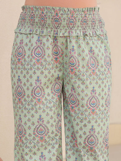 Janasya Light Cotton Floral A-Line Top & Bottom Set