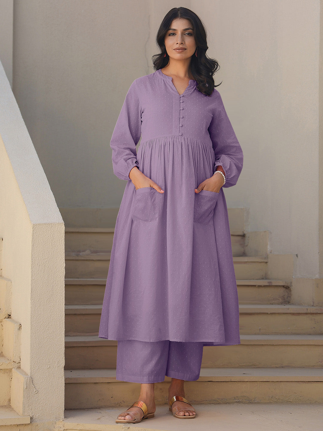Janasya Light Dobby Cotton Self Design A-Line Kurta Set