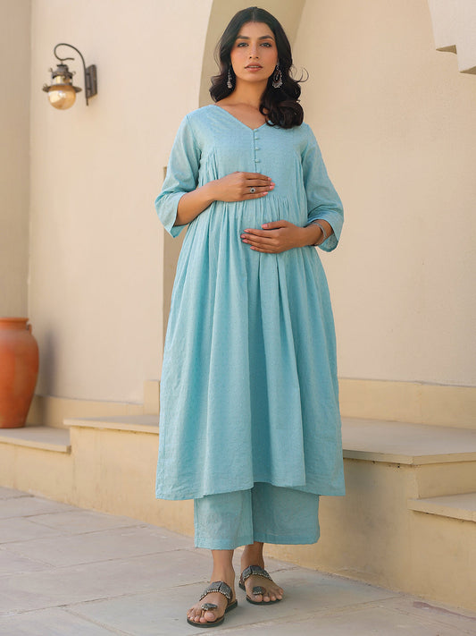 Janasya Light Dobby Cotton Self Design A-Line Top & Bottom Set