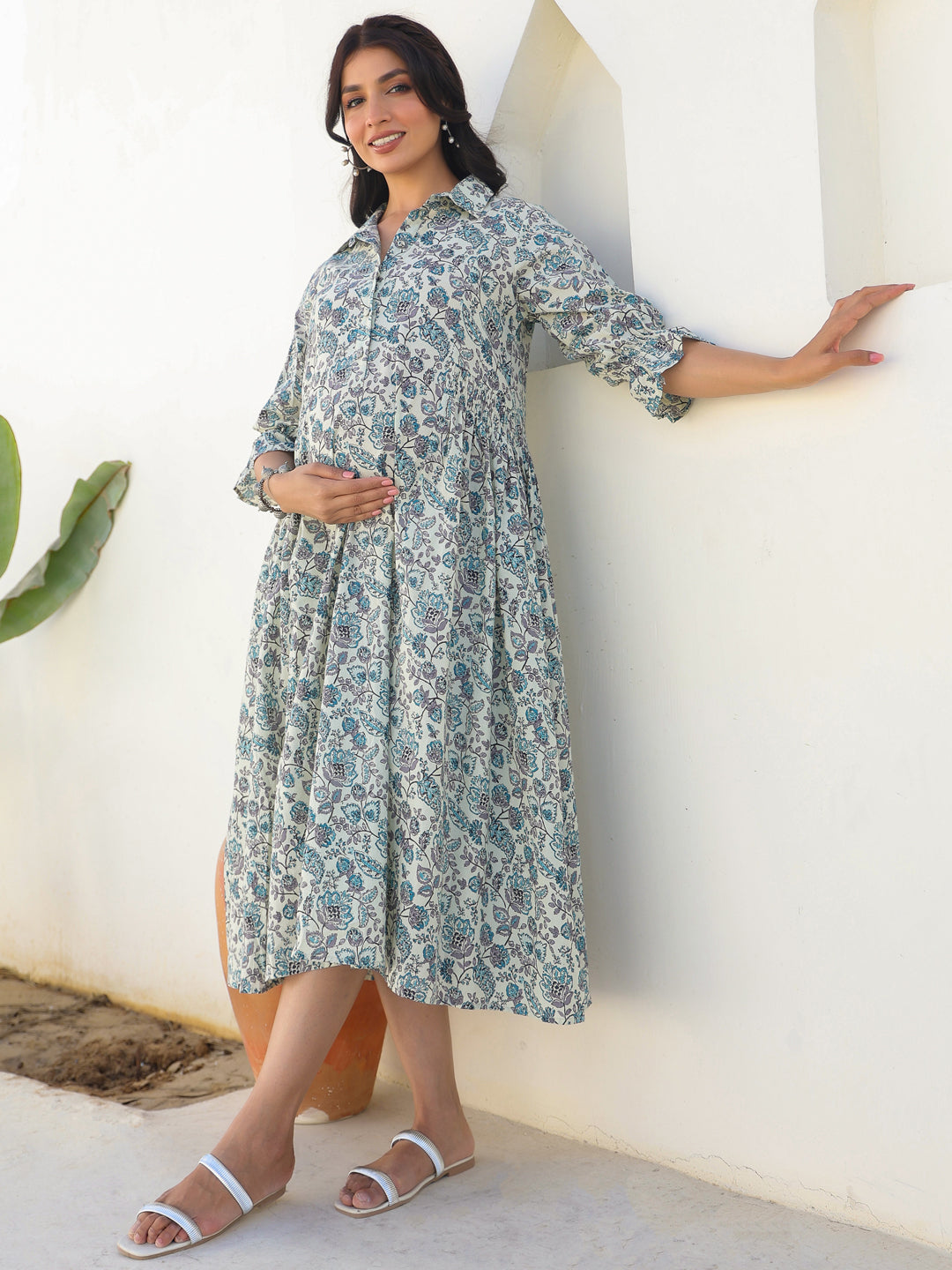 Janasya Dark Cotton Floral A-Line Dress