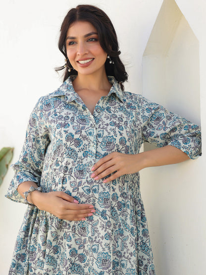 Janasya Dark Cotton Floral A-Line Dress