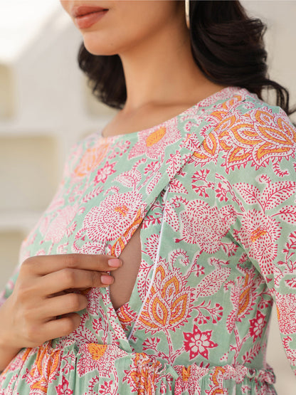 Janasya Light Cotton Floral A-Line Dress