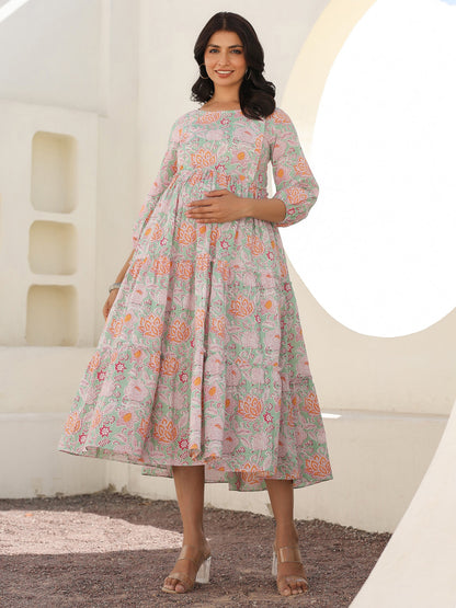 Janasya Light Cotton Floral A-Line Dress