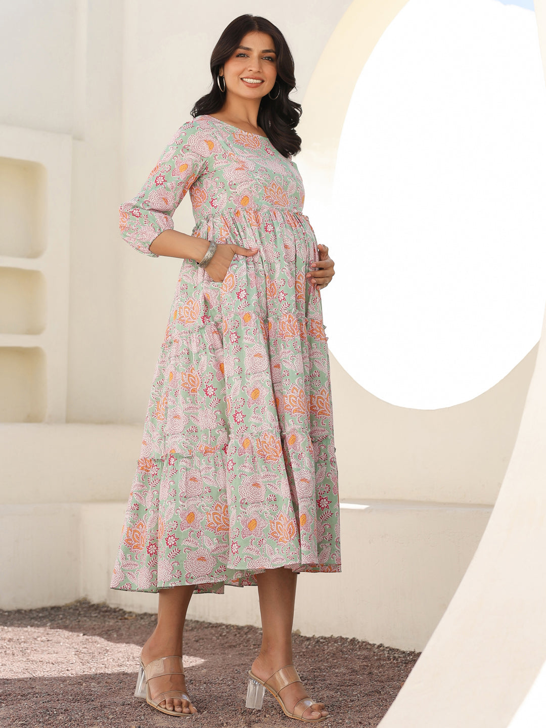 Janasya Light Cotton Floral A-Line Dress
