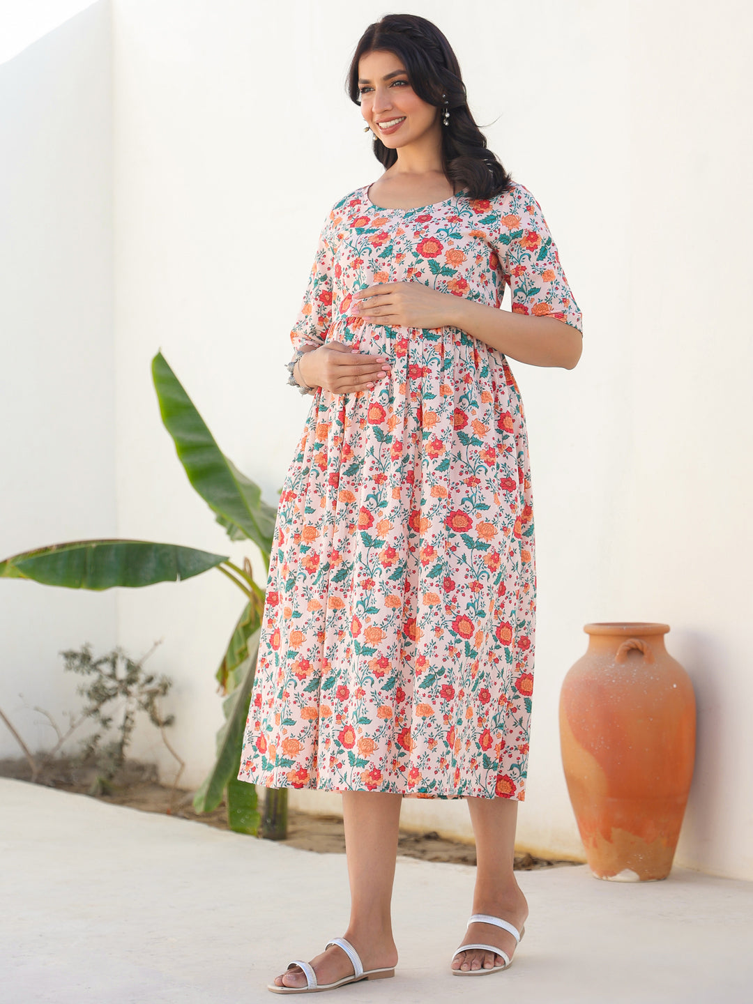 Janasya Bright Cotton Floral Fit & Flare Dress