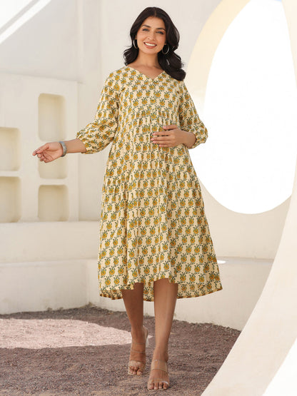 Janasya Light Cotton Floral A-Line Dress