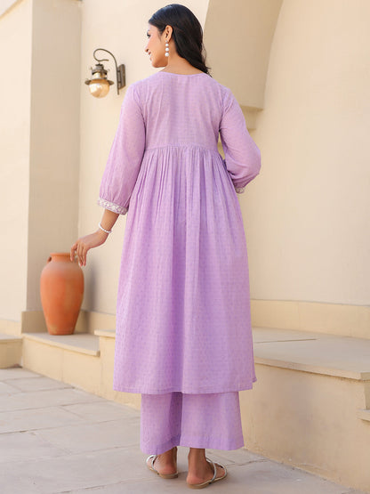Janasya Bright Dobby Cotton Yoke Embroidery A-Line Kurta Set