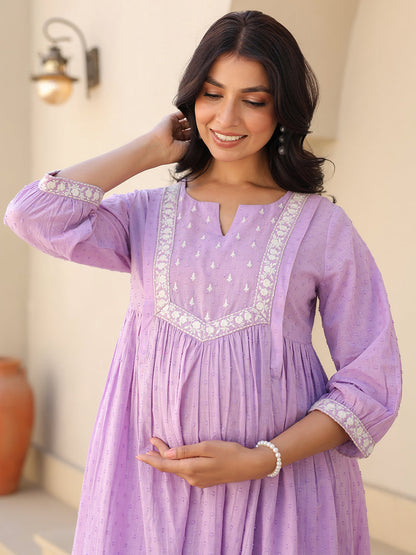 Janasya Bright Dobby Cotton Yoke Embroidery A-Line Kurta Set