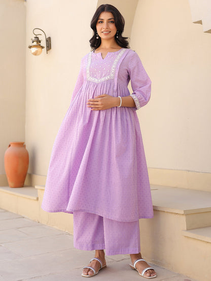 Janasya Bright Dobby Cotton Yoke Embroidery A-Line Kurta Set