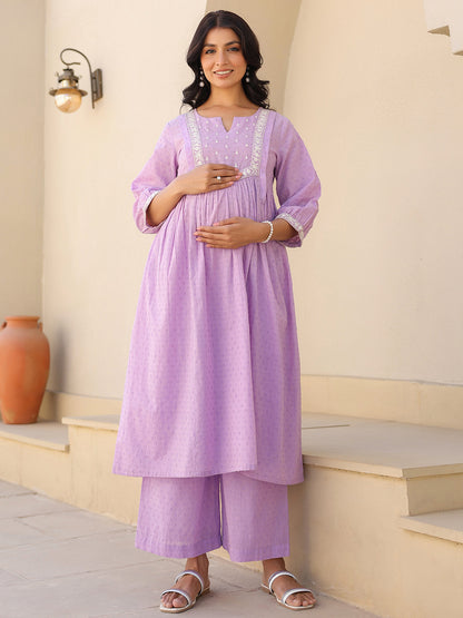 Janasya Bright Dobby Cotton Yoke Embroidery A-Line Kurta Set
