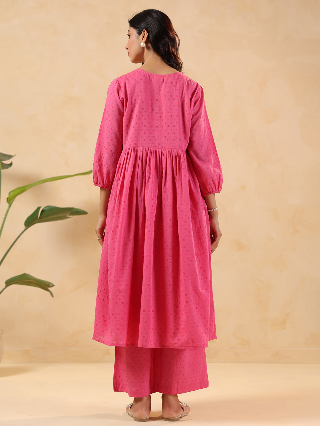 Janasya Light Dobby Cotton Yoke Embroidery A-Line Kurta Set