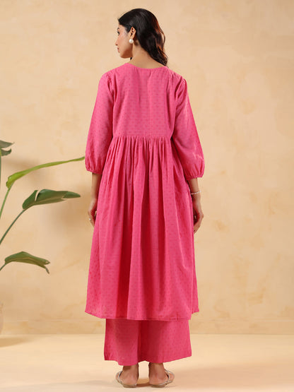Janasya Light Dobby Cotton Yoke Embroidery A-Line Kurta Set