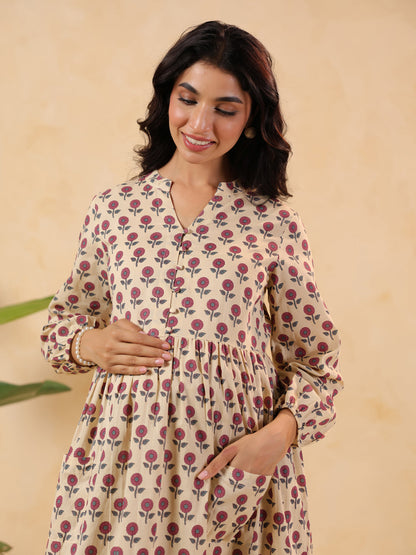 Janasya Light Cotton Floral A-Line Kurta Set
