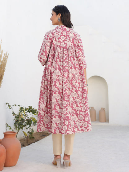 Janasya Light Cotton Floral Gathered Kurta