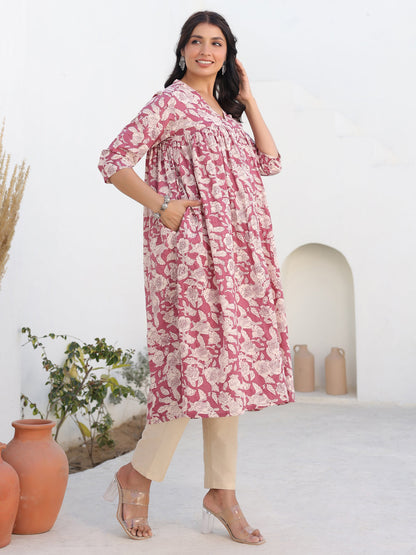 Janasya Light Cotton Floral Gathered Kurta