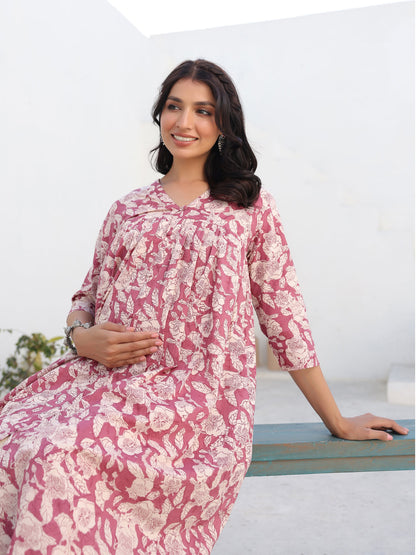 Janasya Light Cotton Floral Gathered Kurta