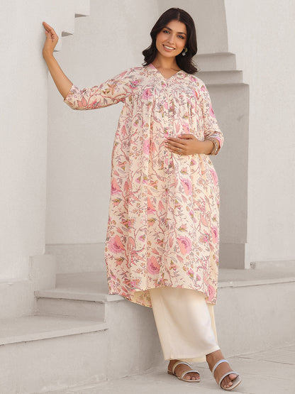 Janasya Light Cotton Floral A-Line Kurta