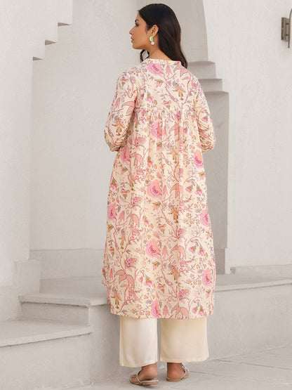 Janasya Light Cotton Floral A-Line Kurta