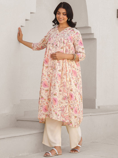 Janasya Light Cotton Floral A-Line Kurta