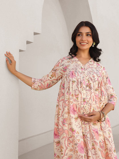 Janasya Light Cotton Floral A-Line Kurta