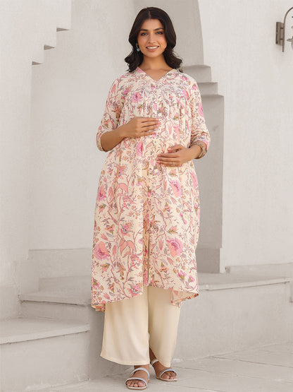 Janasya Light Cotton Floral A-Line Kurta