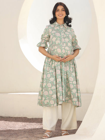 Janasya Light Cotton Floral A-Line Kurta