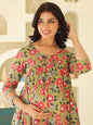 Janasya Dark Cotton Floral Gathered Kurta
