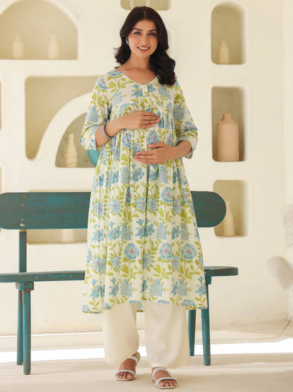 Janasya Light Cotton Floral A-Line Kurta