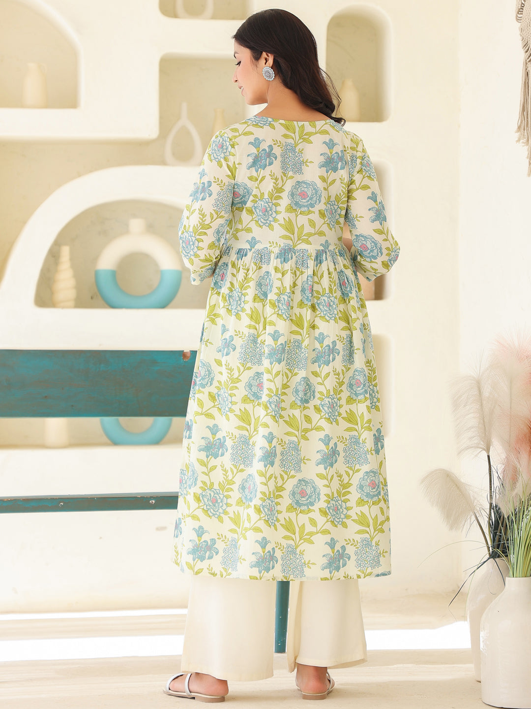 Janasya Light Cotton Floral A-Line Kurta