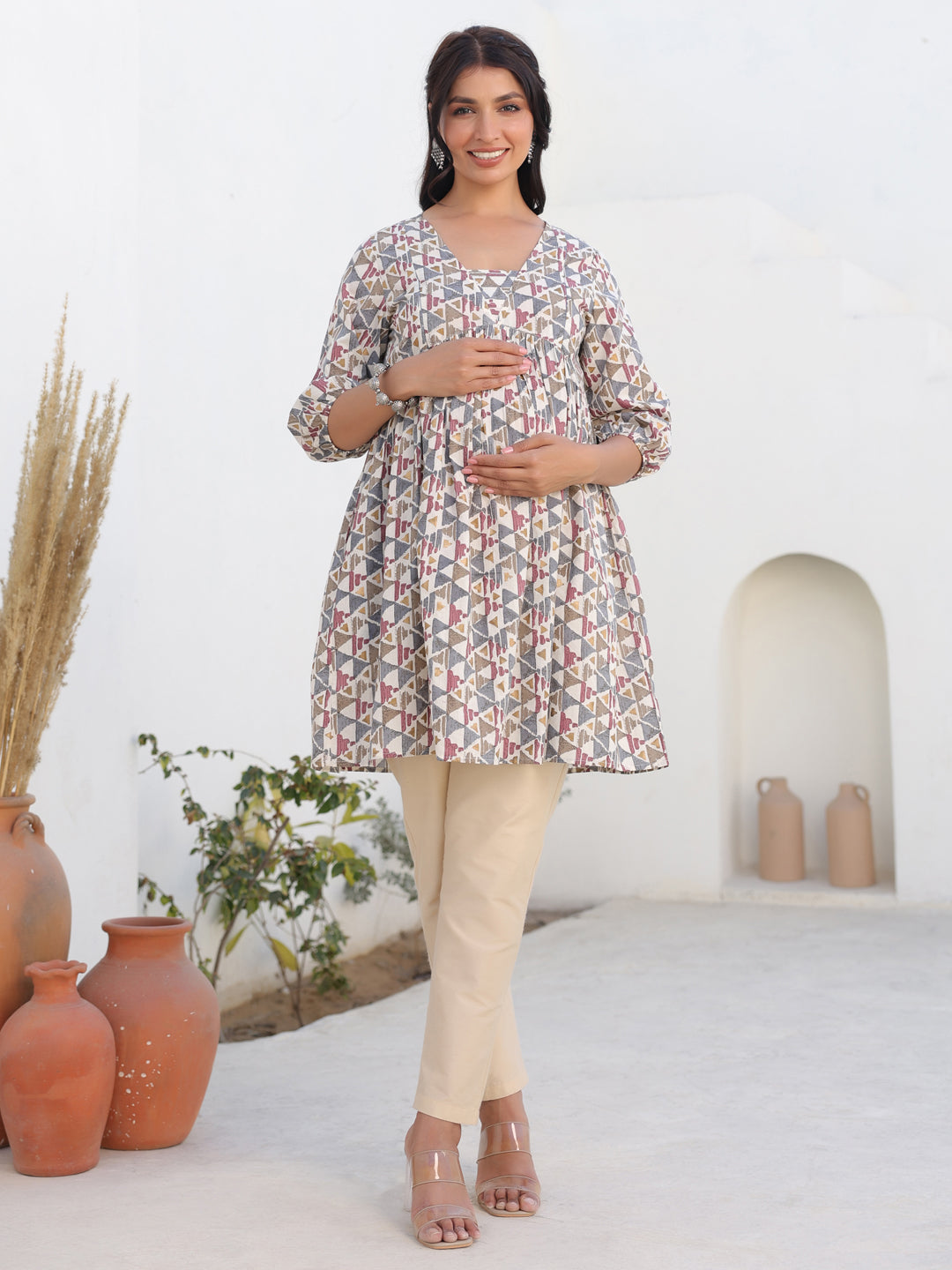 Janasya Light Cotton Geometric A-Line Tunic