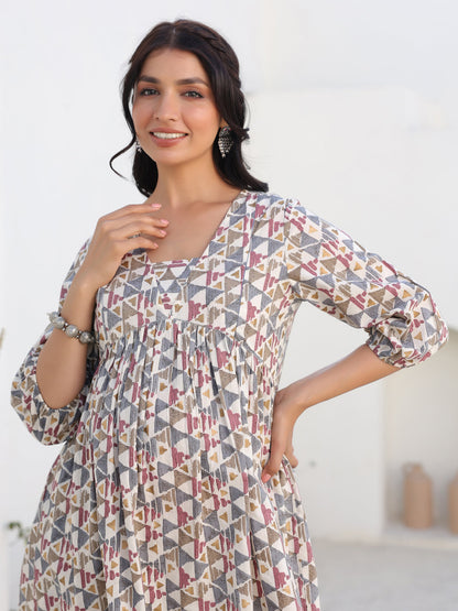 Janasya Light Cotton Geometric A-Line Tunic