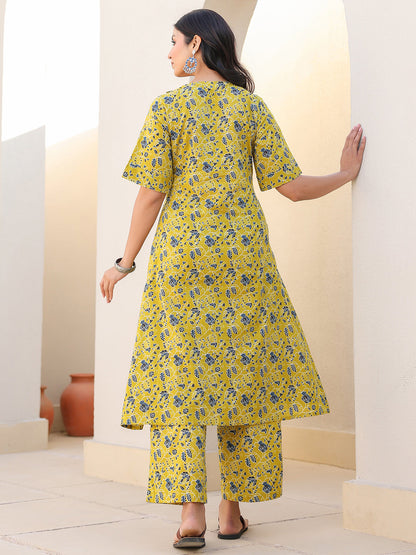 Janasya Bright Cotton Floral A-Line Top & Bottom Set