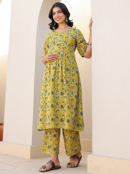 Janasya Bright Cotton Floral A-Line Top & Bottom Set